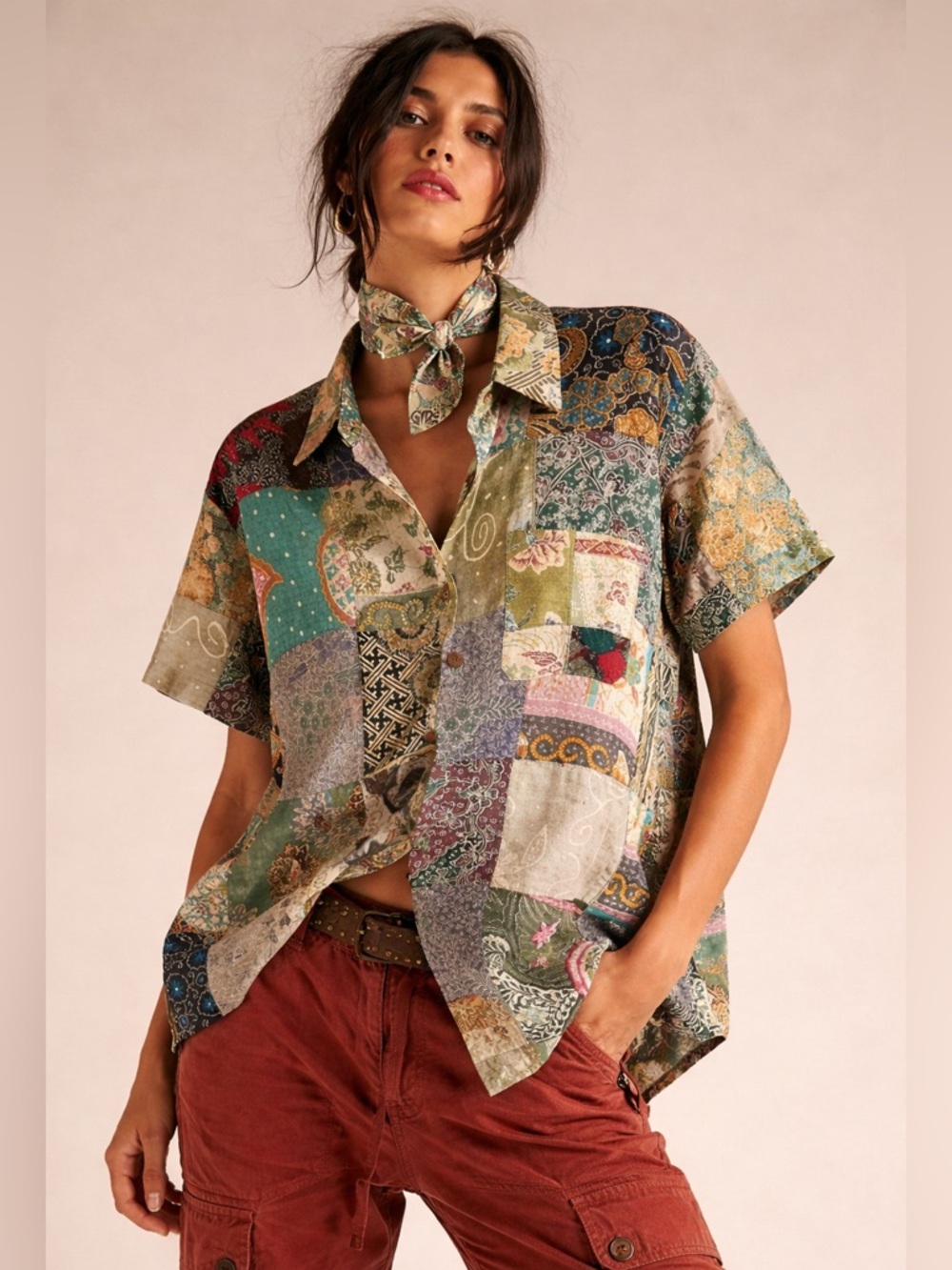 JADED GYPSY RELAXED, PATCHWORK, SHORT SLEEVE SHIRT